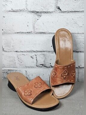 Jessica Sport Leather Slide Sandals Brown Floral Cutout Comfort Size 9